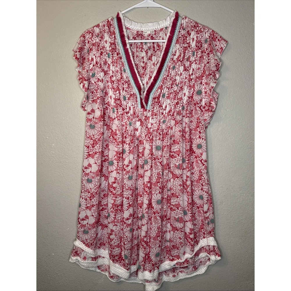 POUPETTE ST BARTH PINK TEAL WHITE FLORAL SASHA FLUTTER SLEEVE MINI DRESS LARGE